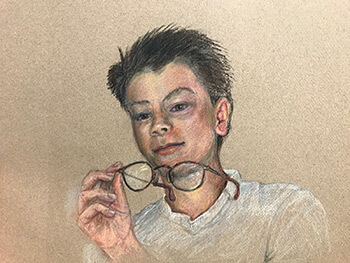 Drawing (Post-Op, First Eye) Drawing of young man holding glasses