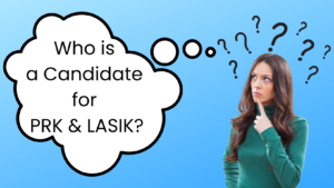 young woman thinking with thought bubble about PRK and LASIK